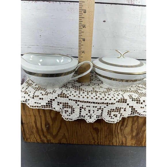 Noritake China Japan Hartford Grey Gold Greek Key Lidded Sugar Bowl And Creamer - Picture 12 of 12